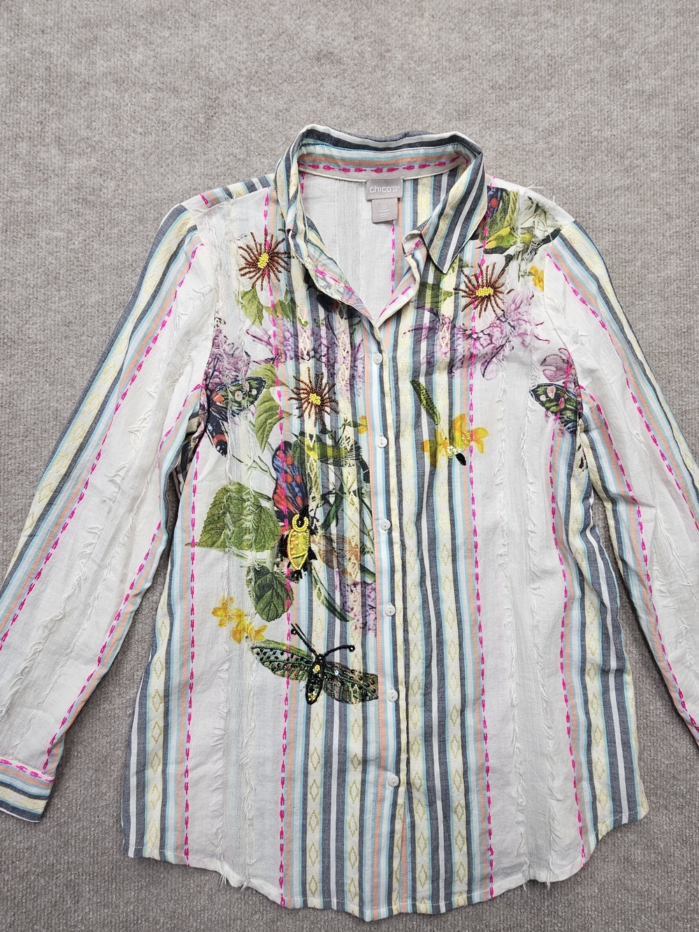 Chico’s Size 0 Beaded Floral Button Up Lightweight Fringe Boho Top